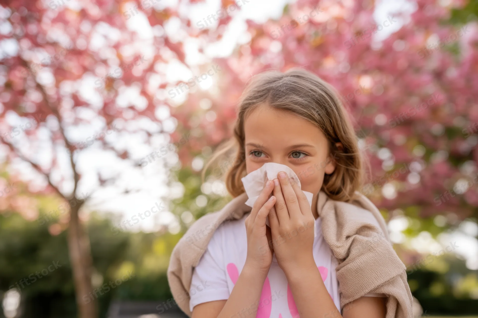Young girl holding tissue to her nose in a blossoming park during spring