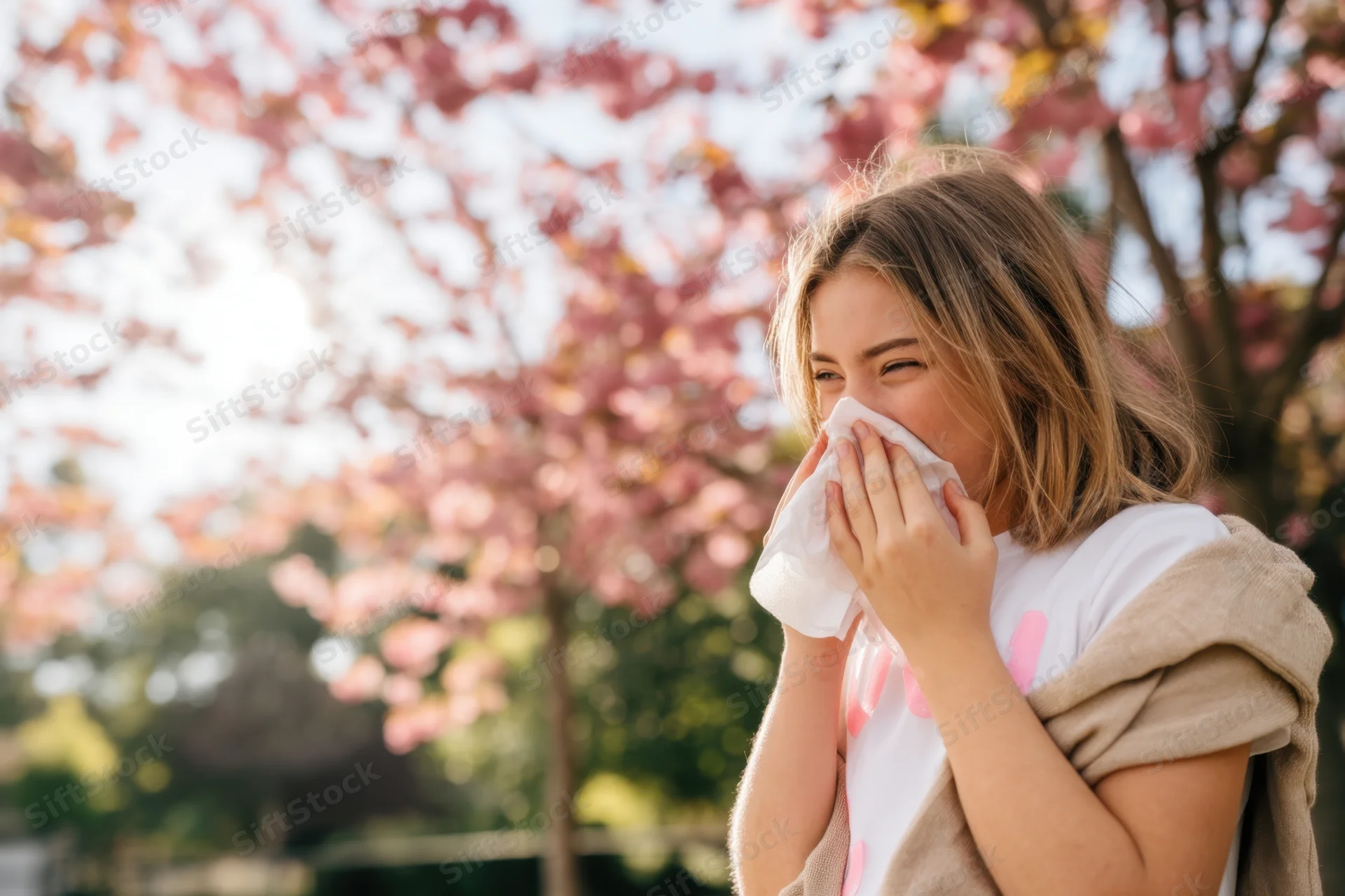 Young woman sneezing into tissue in a cherry blossom park during spring