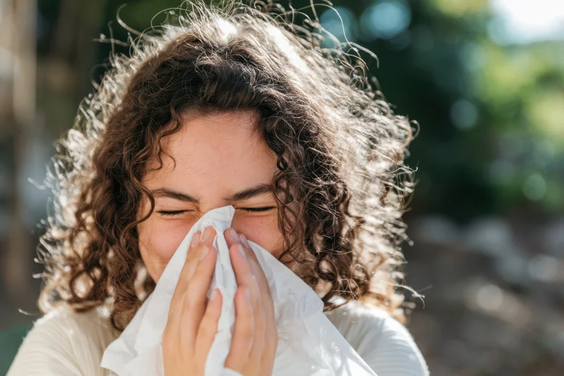 Young woman with curly hair sneezing into tissue outdoors in sunlight