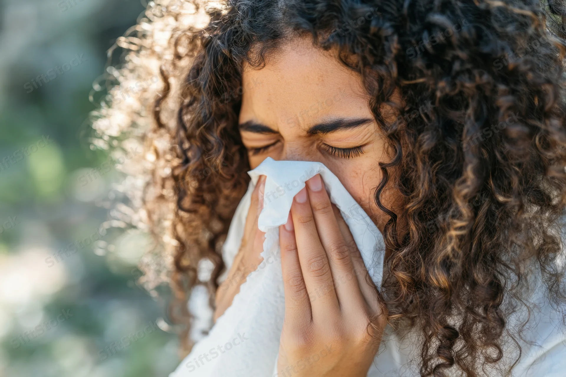 Young woman with curly hair sneezing into tissue outdoors in natural light