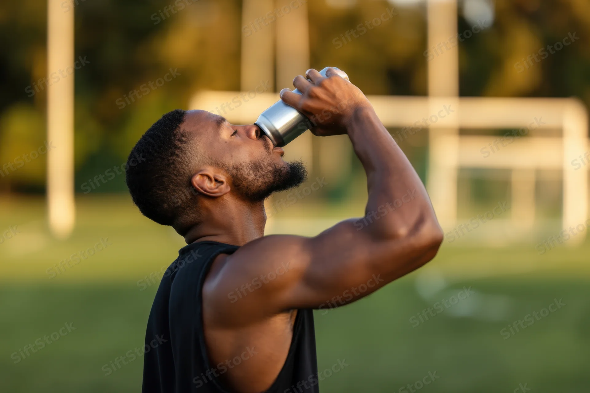 Young black male athlete drinking from a silver can on a sports field during daytime