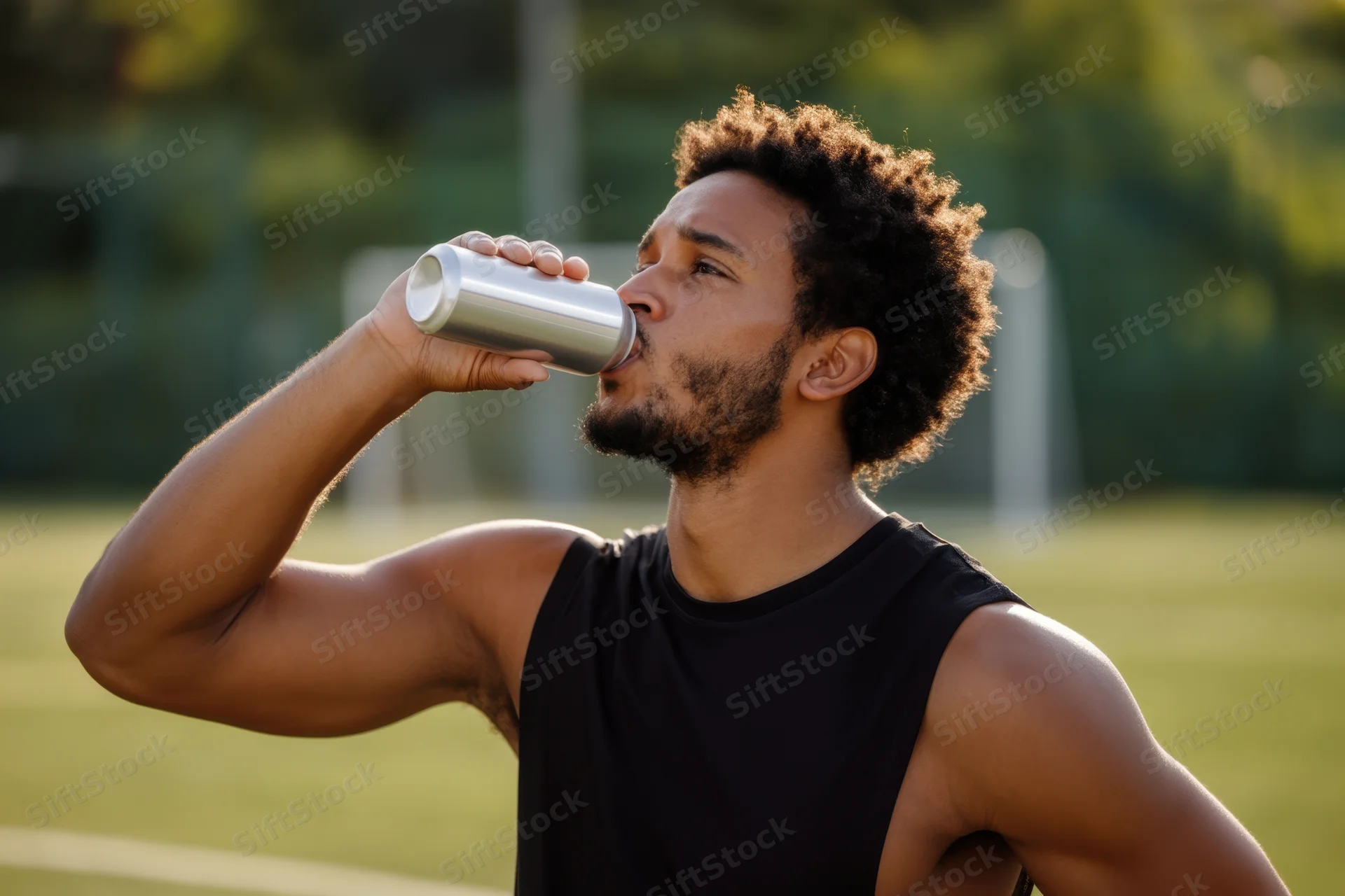 Young black male athlete drinking from a silver can on a grass field during daytime