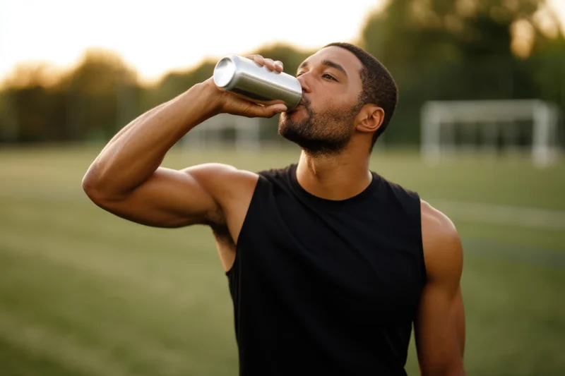 Young male athlete drinking from a silver can on a grass field after workout