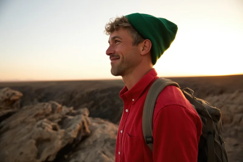 Young man smiling in profile on rocky terrain at sunset wearing red shirt and green beanie with backpack