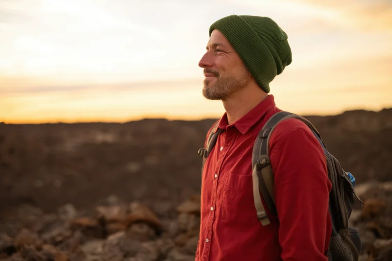 Man smiling while hiking on rocky terrain at sunset wearing red shirt and green beanie with backpack