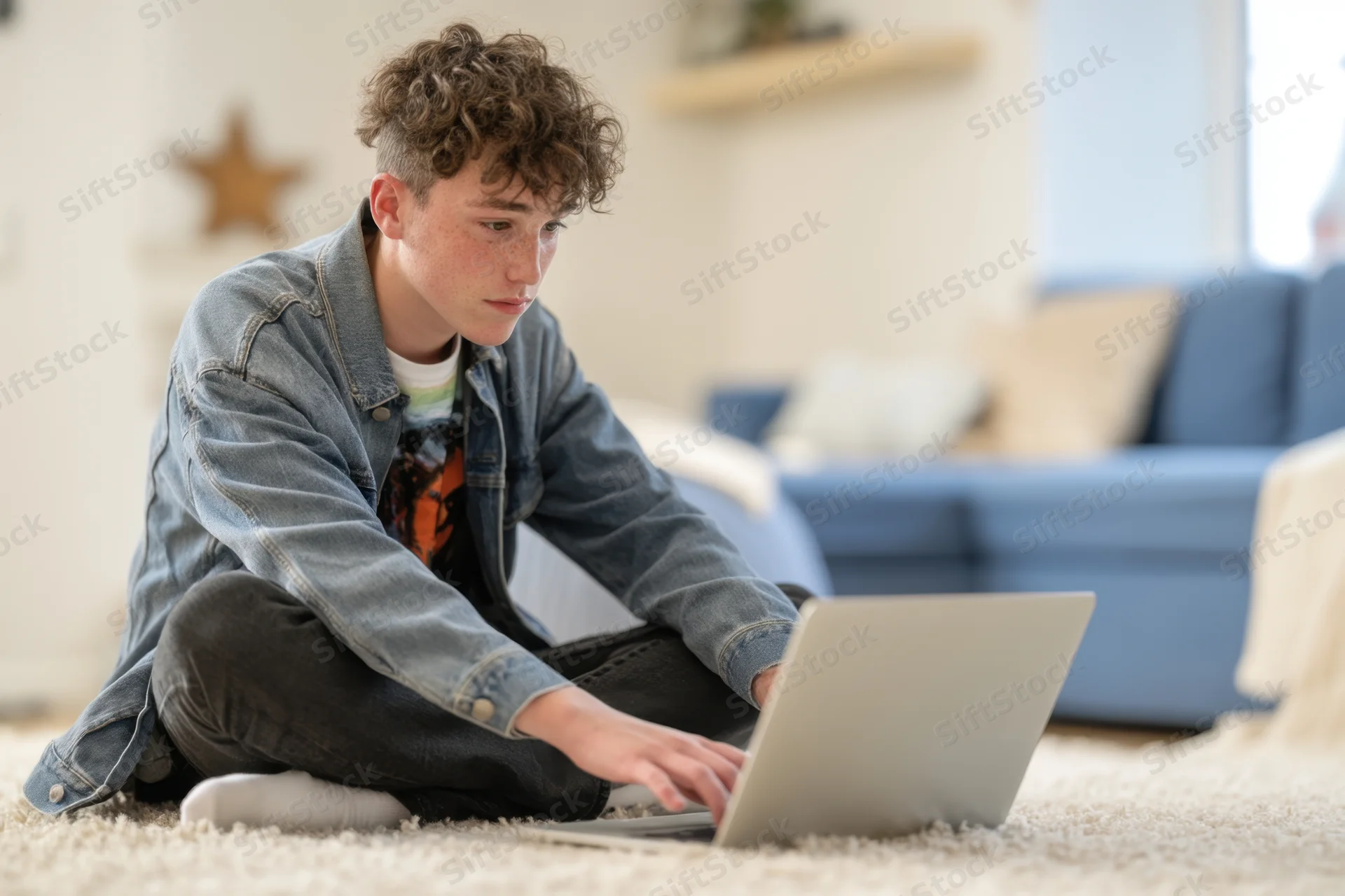 Young man sitting crosslegged on plush carpet using laptop at home