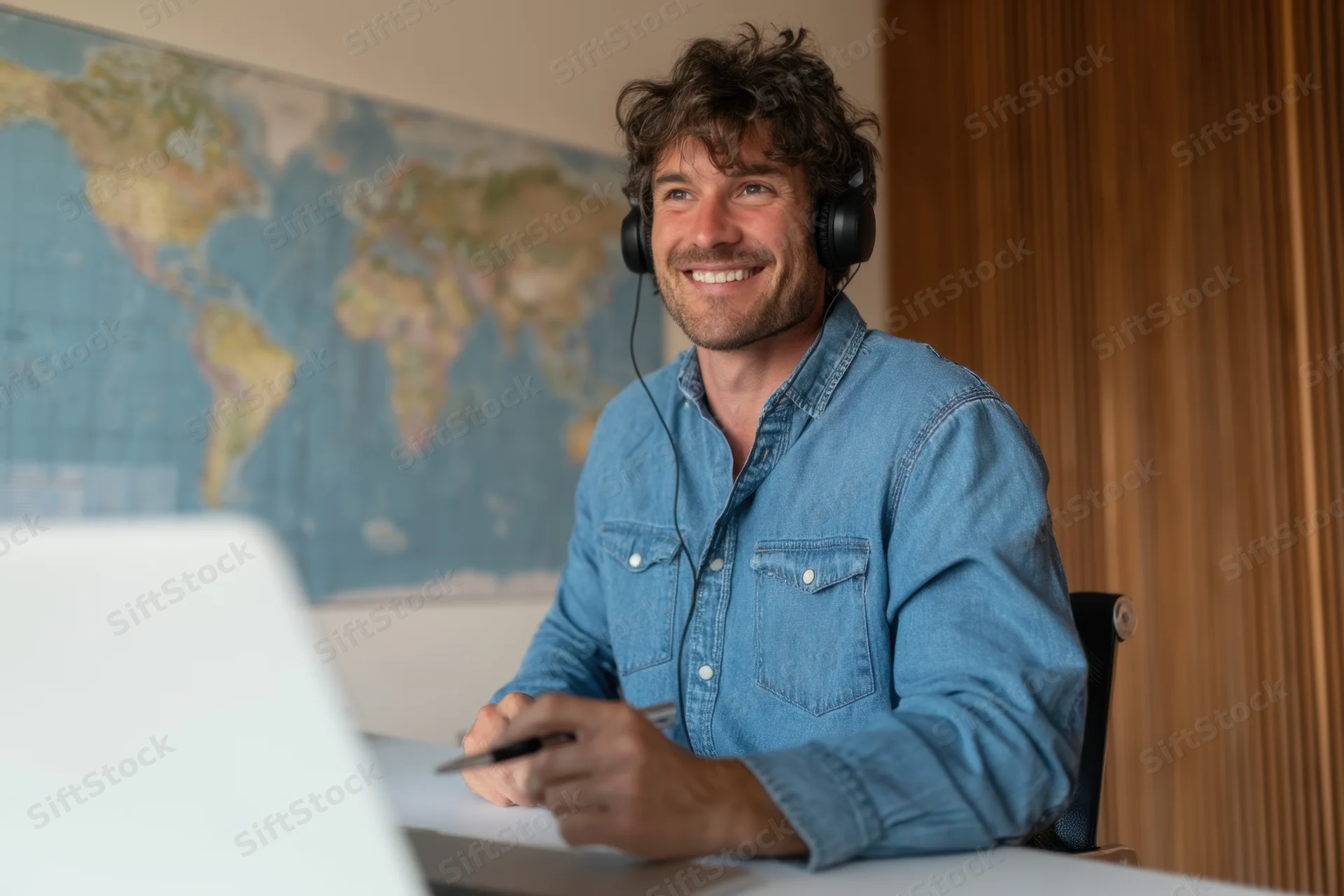 Young man smiling while wearing headset and working at desk with laptop and world map in background