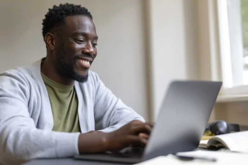 Young black man smiling while working on laptop at modern desk indoors