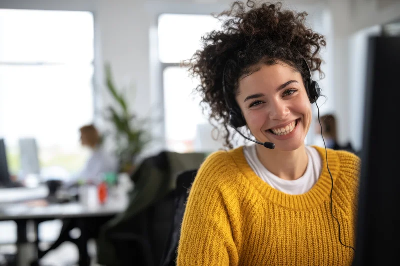 Young woman wearing headset smiling in office workspace