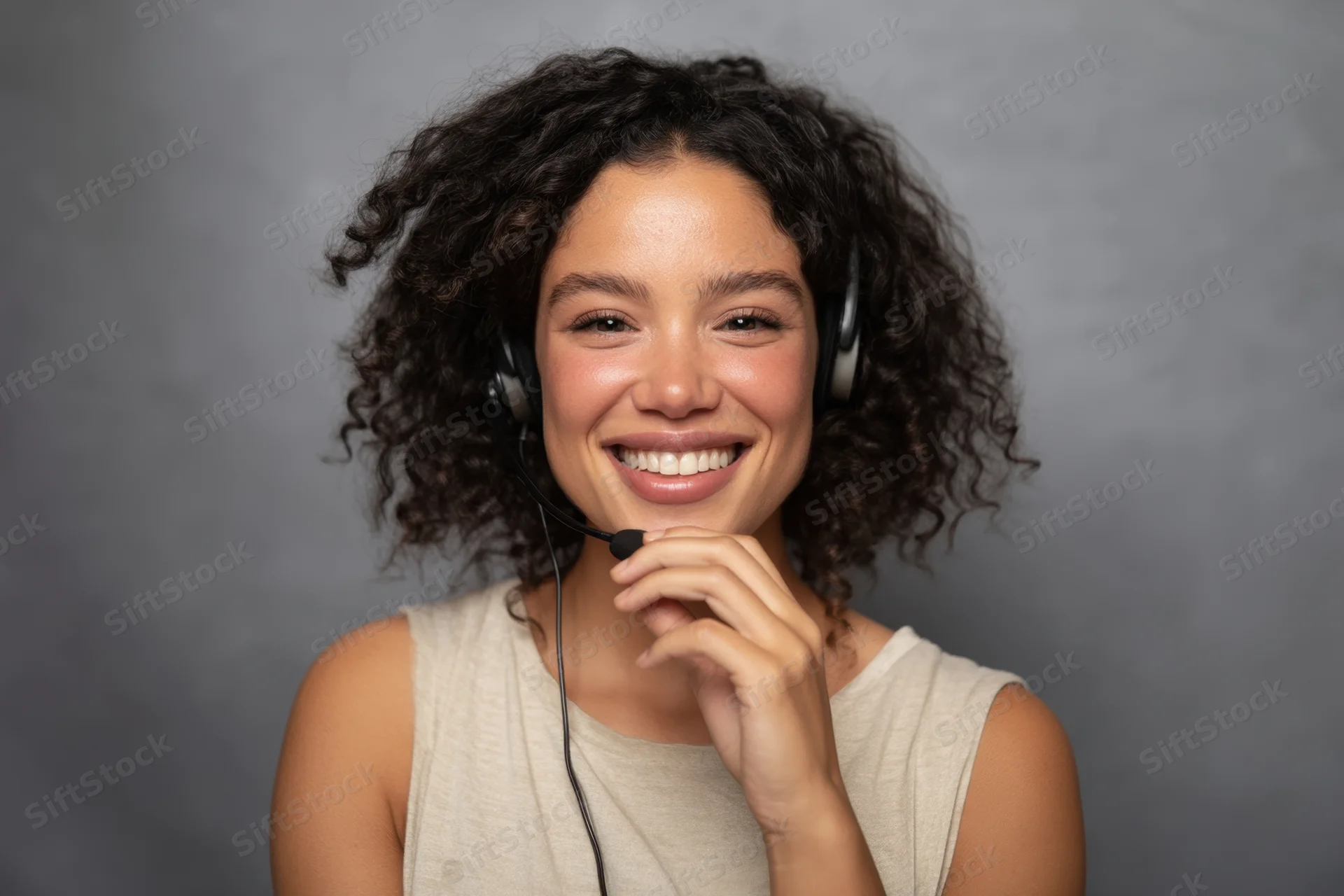 Young woman with curly hair smiling while wearing headset in studio setting