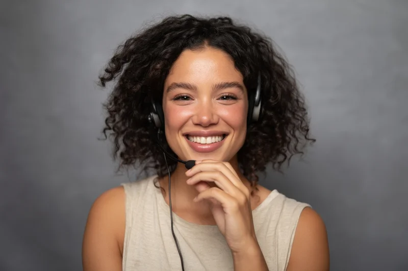Young woman with curly hair smiling while wearing headset in studio setting