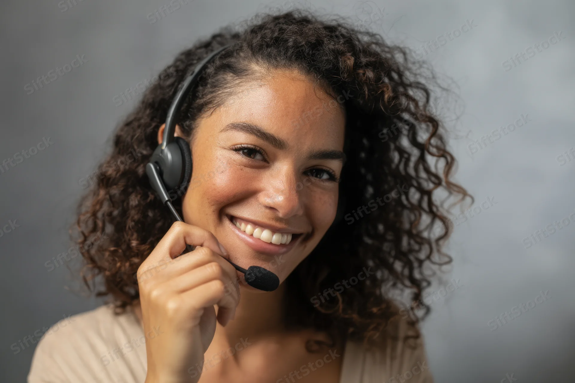Young woman smiling while wearing headset and holding microphone close to mouth
