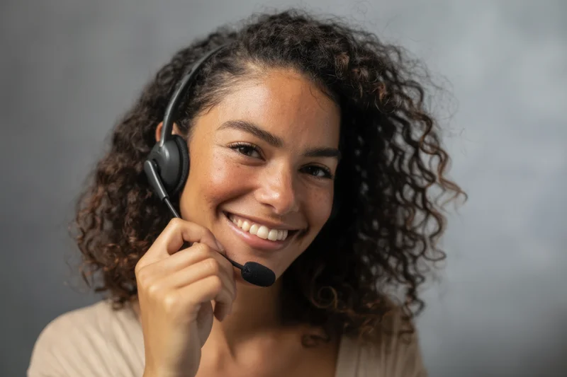 Young woman smiling while wearing headset and holding microphone close to mouth