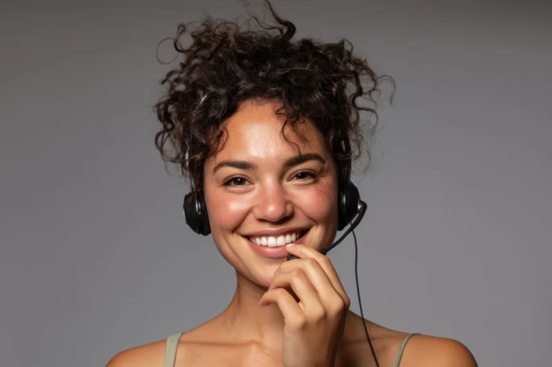 Young woman with curly hair smiling while wearing a headset