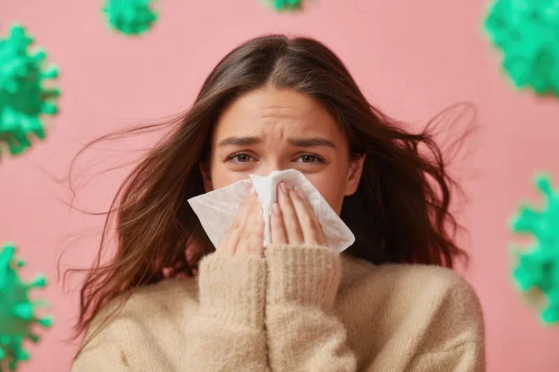 Young woman sneezing into tissue with virus models on pink background