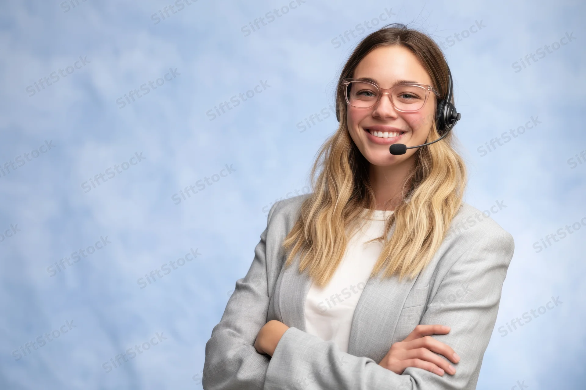 Young woman with long wavy blonde hair wearing glasses and a headset, smiling with arms crossed against a light blue background
