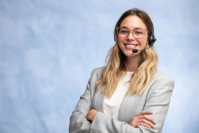 Young woman with long wavy blonde hair wearing glasses and a headset, smiling with arms crossed against a light blue background