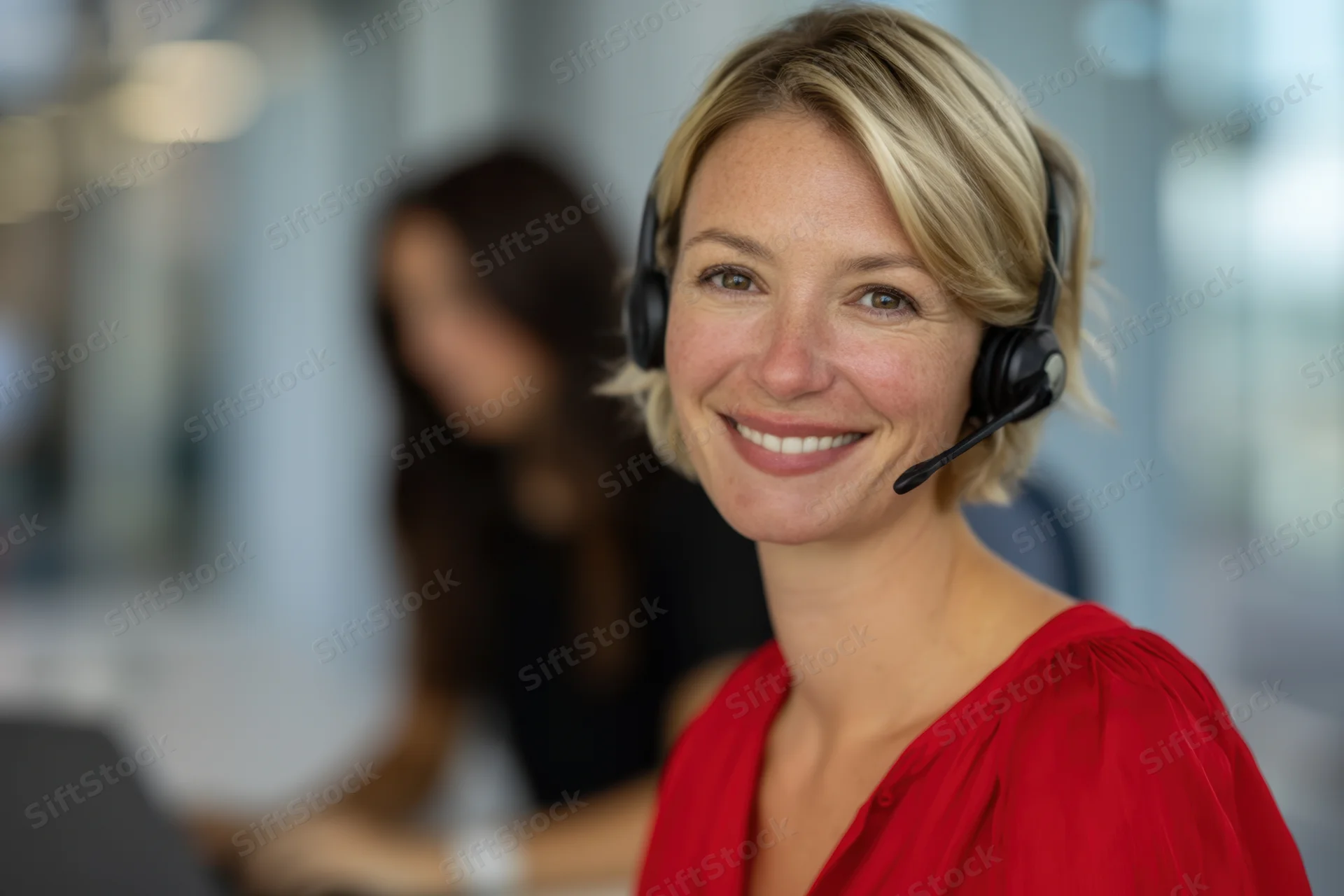 Smiling woman wearing headset in office environment