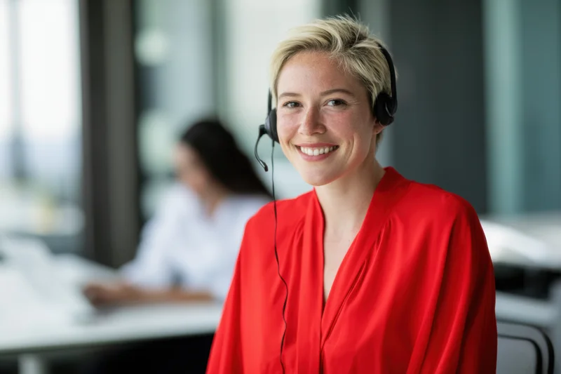 Young woman wearing headset smiling in office workspace