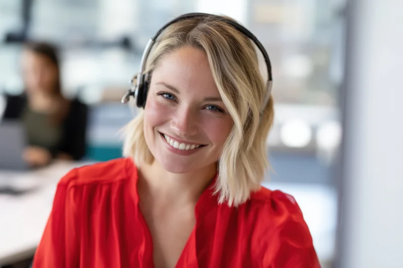 Young woman smiling while wearing headset in office environment