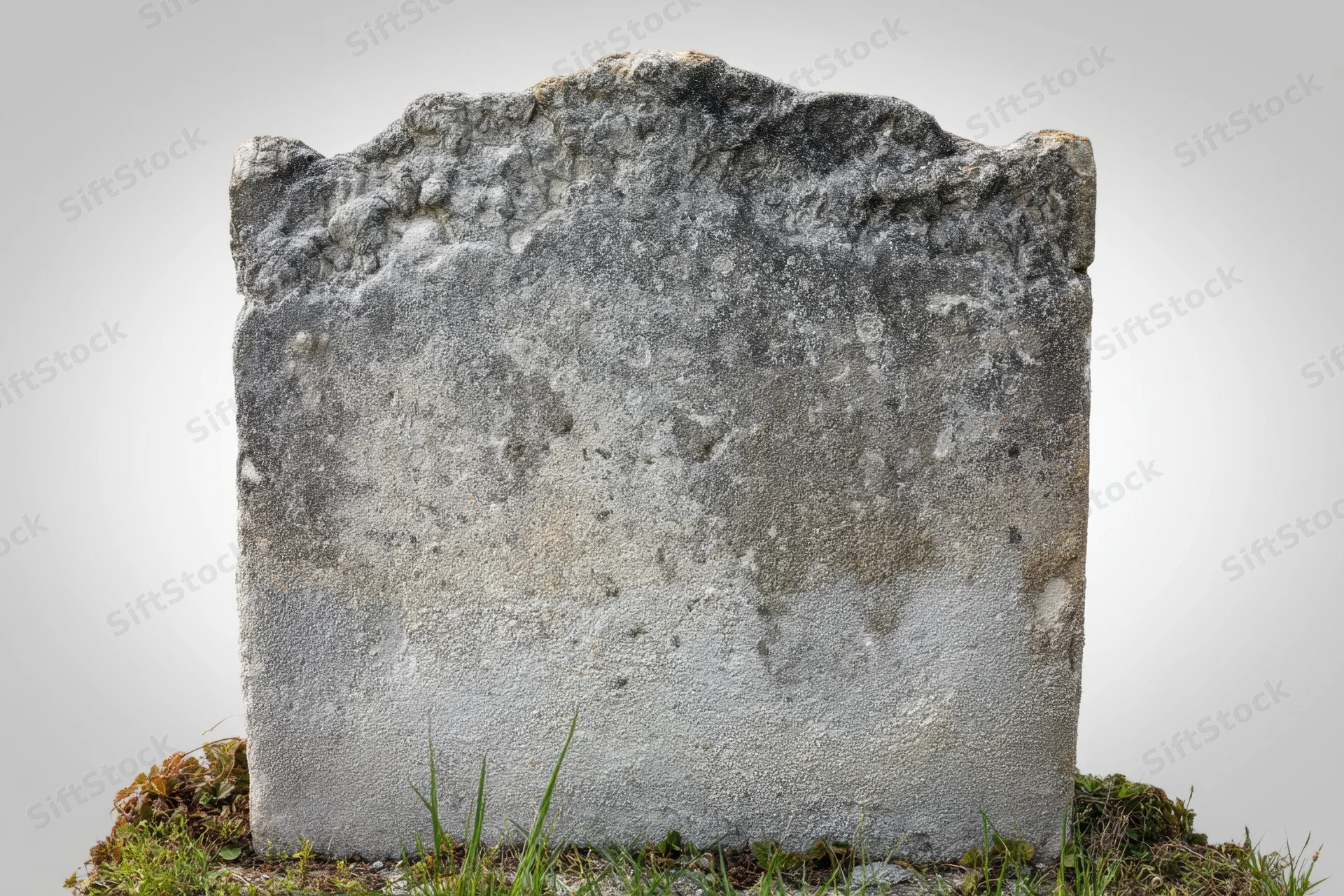 Weathered gravestone standing in grass with moss at base against plain background