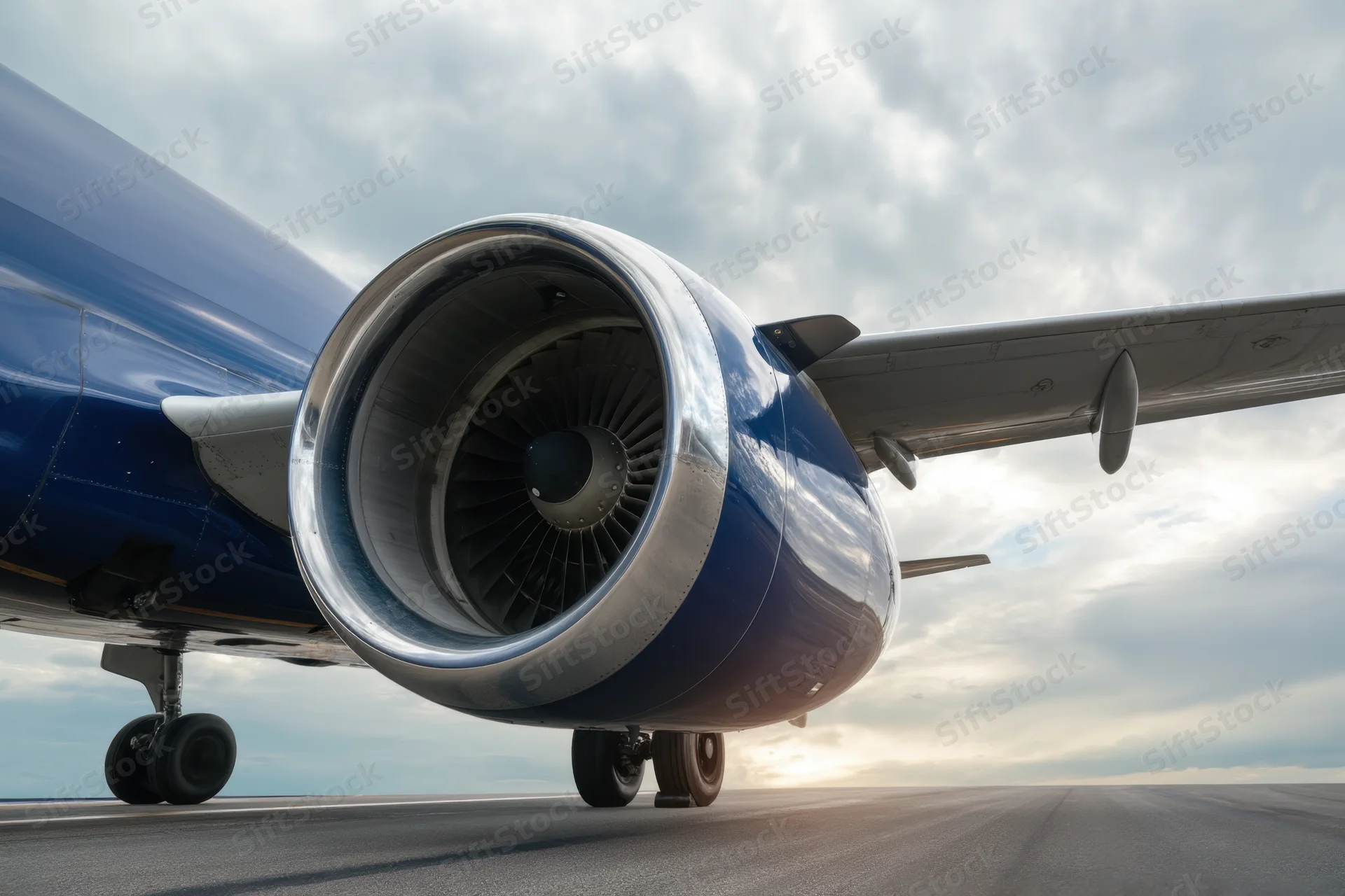 Close-up of airplane jet engine on runway during sunset
