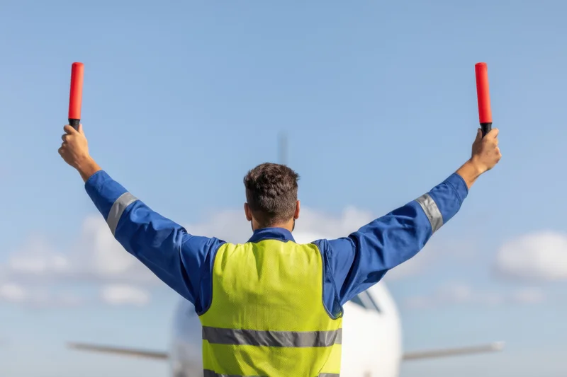 Airport ground crew member signaling with red batons to direct commercial airplane on tarmac