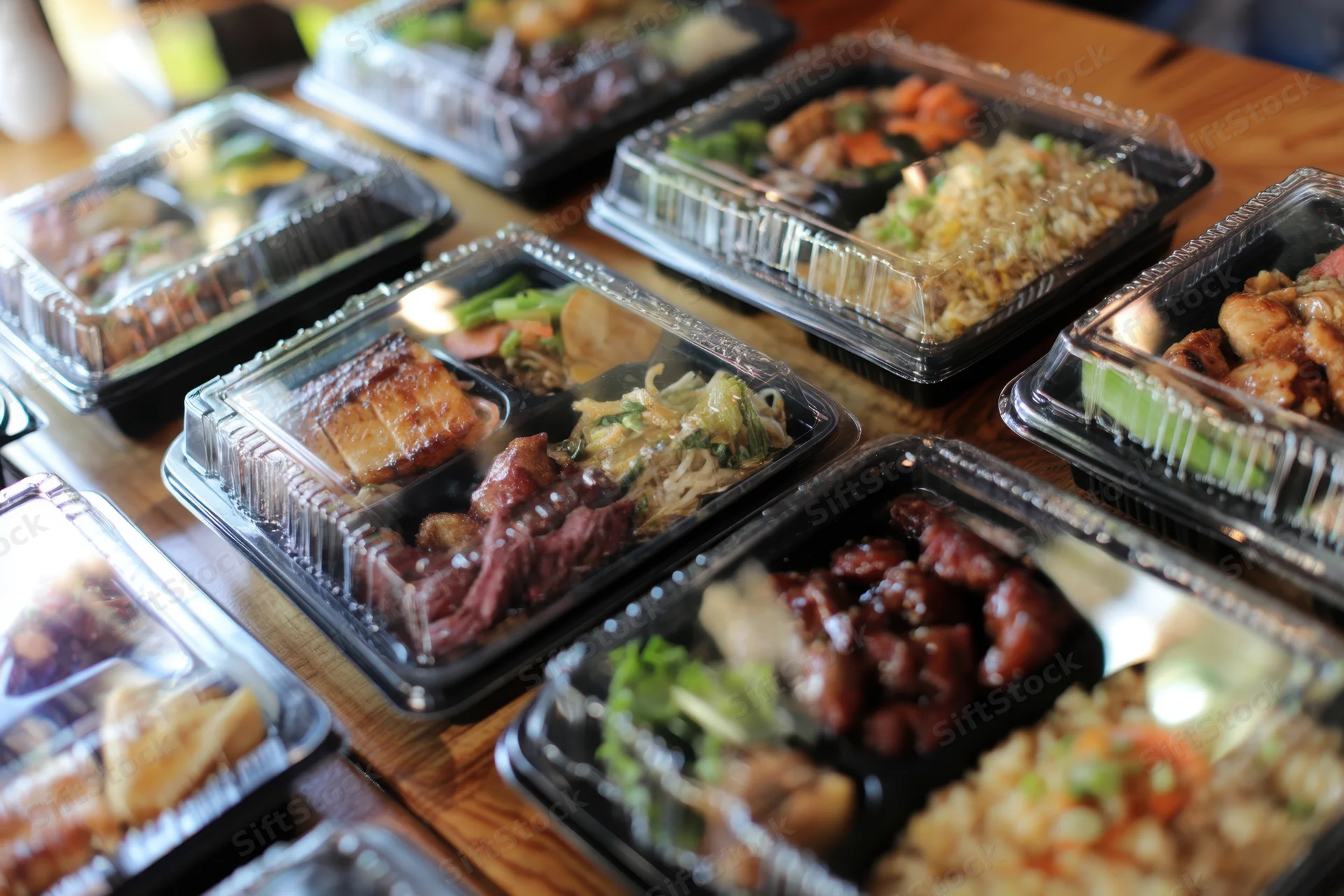 Bento boxes filled with various meals arranged on a wooden table