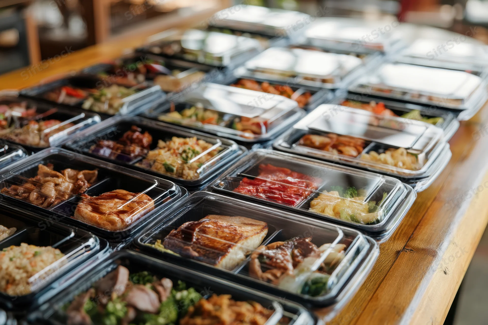 Array of colorful bento boxes neatly arranged on a wooden table