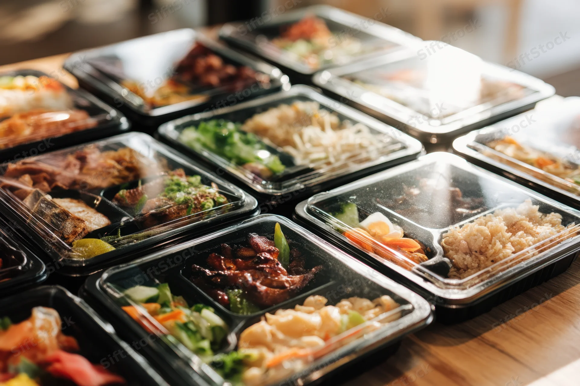 Array of colorful bento boxes neatly arranged on wooden table