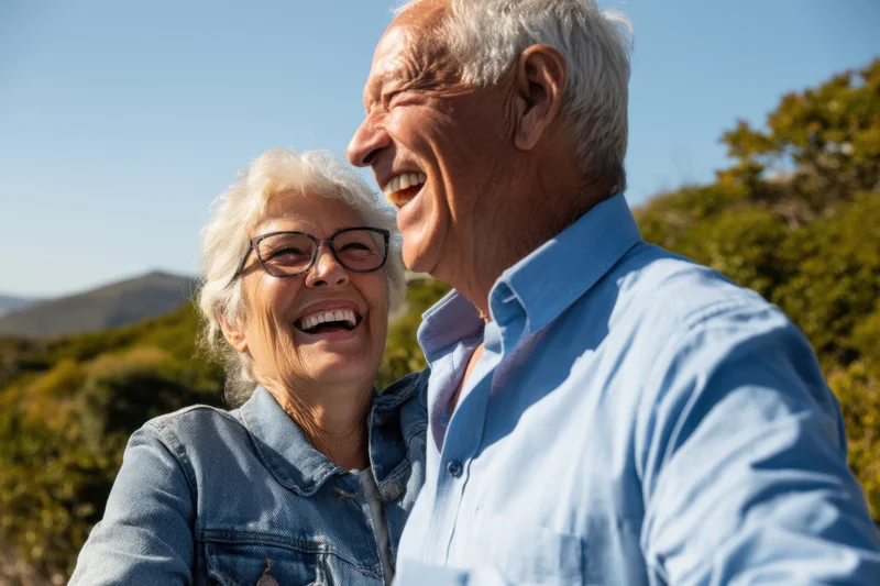 Elderly couple laughing together outdoors in a scenic natural setting