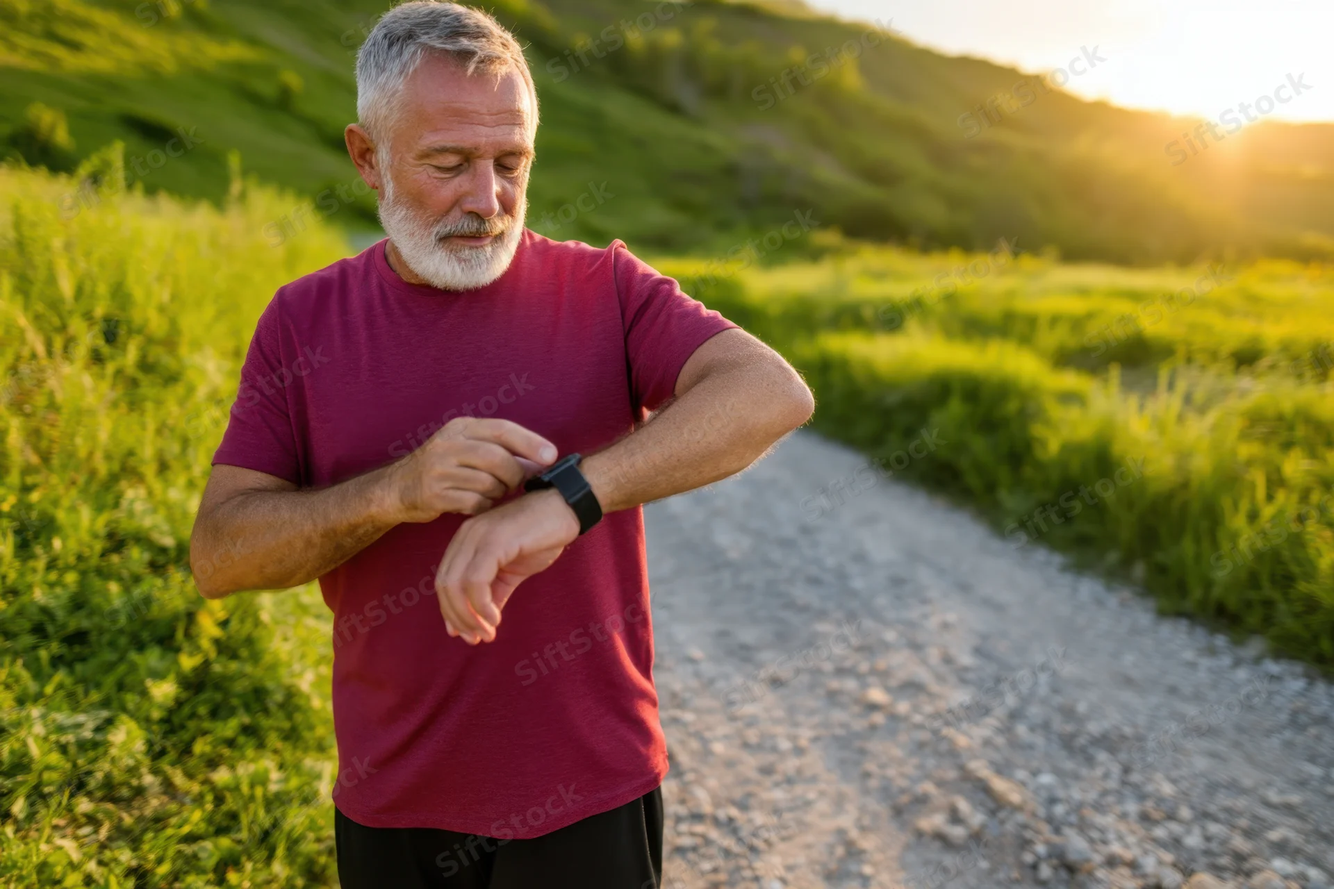Senior man checking smartwatch while walking on gravel trail in green field at sunset