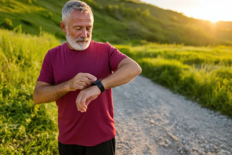 Senior man checking smartwatch while walking on gravel trail in green field at sunset