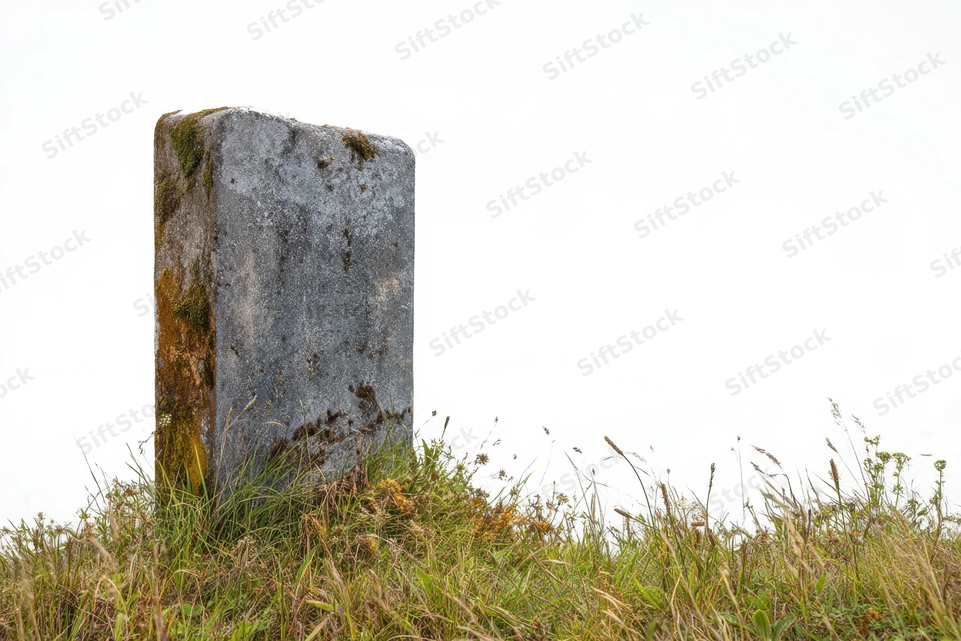 Old gravestone standing among overgrown grass on a hillside