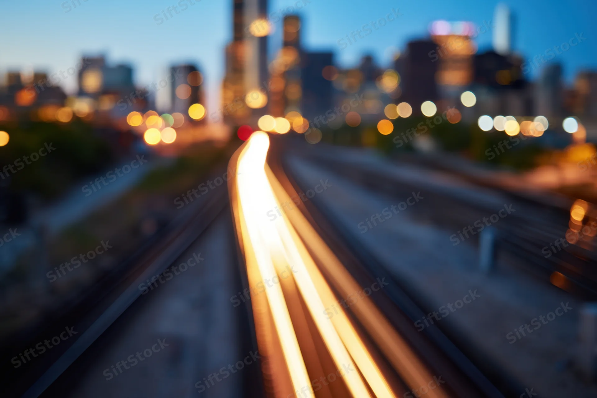 Train moving along tracks at dusk with blurred city lights in background