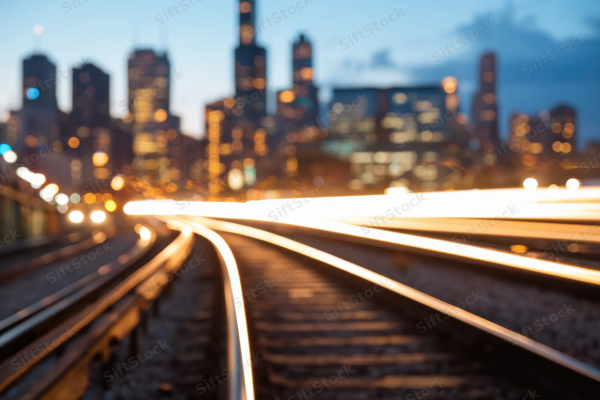 Train tracks with light trails leading toward a blurred city skyline at dusk