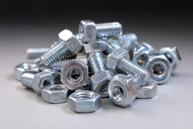 Pile of steel nuts and bolts arranged on a neutral surface