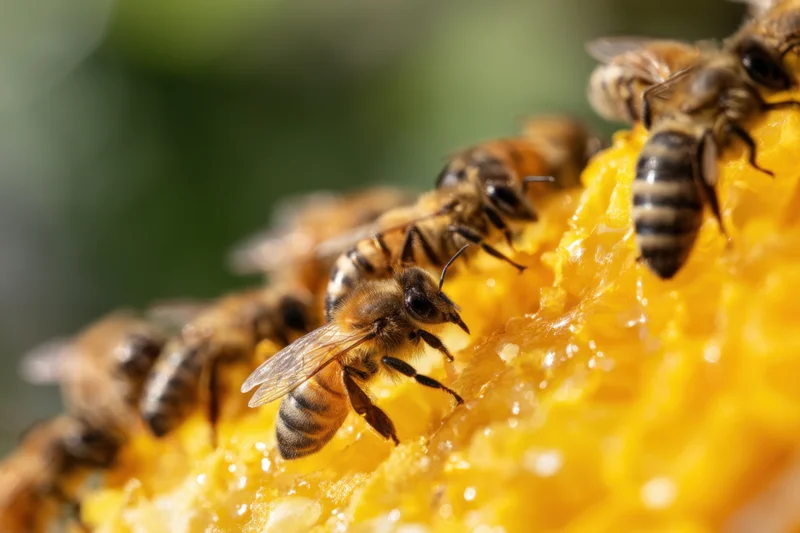 Bees foraging on a honeycomb structure with visible wax cells and golden honey