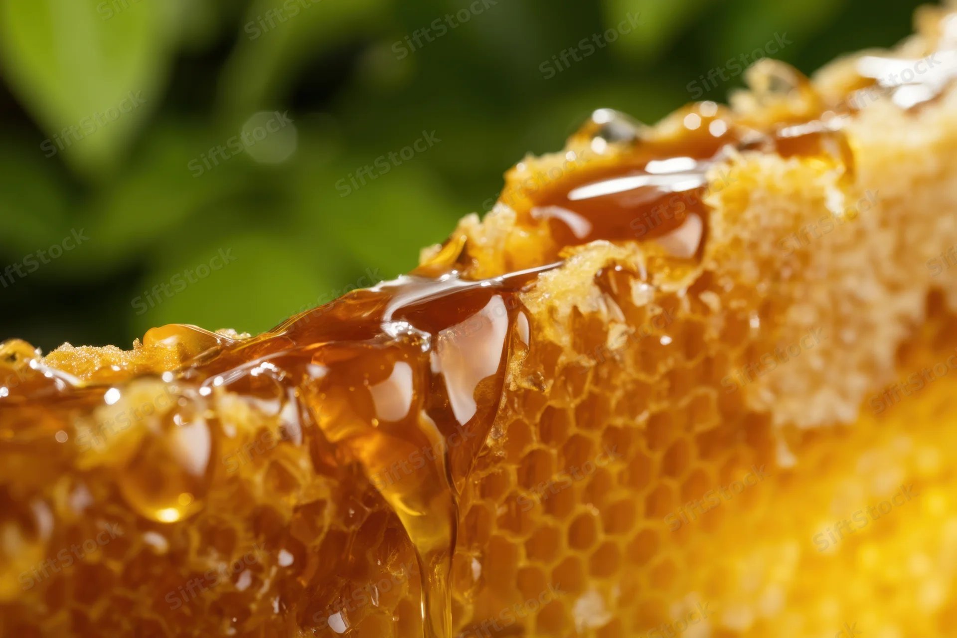 Honeycomb frame with honey dripping over its surface against a blurred green background