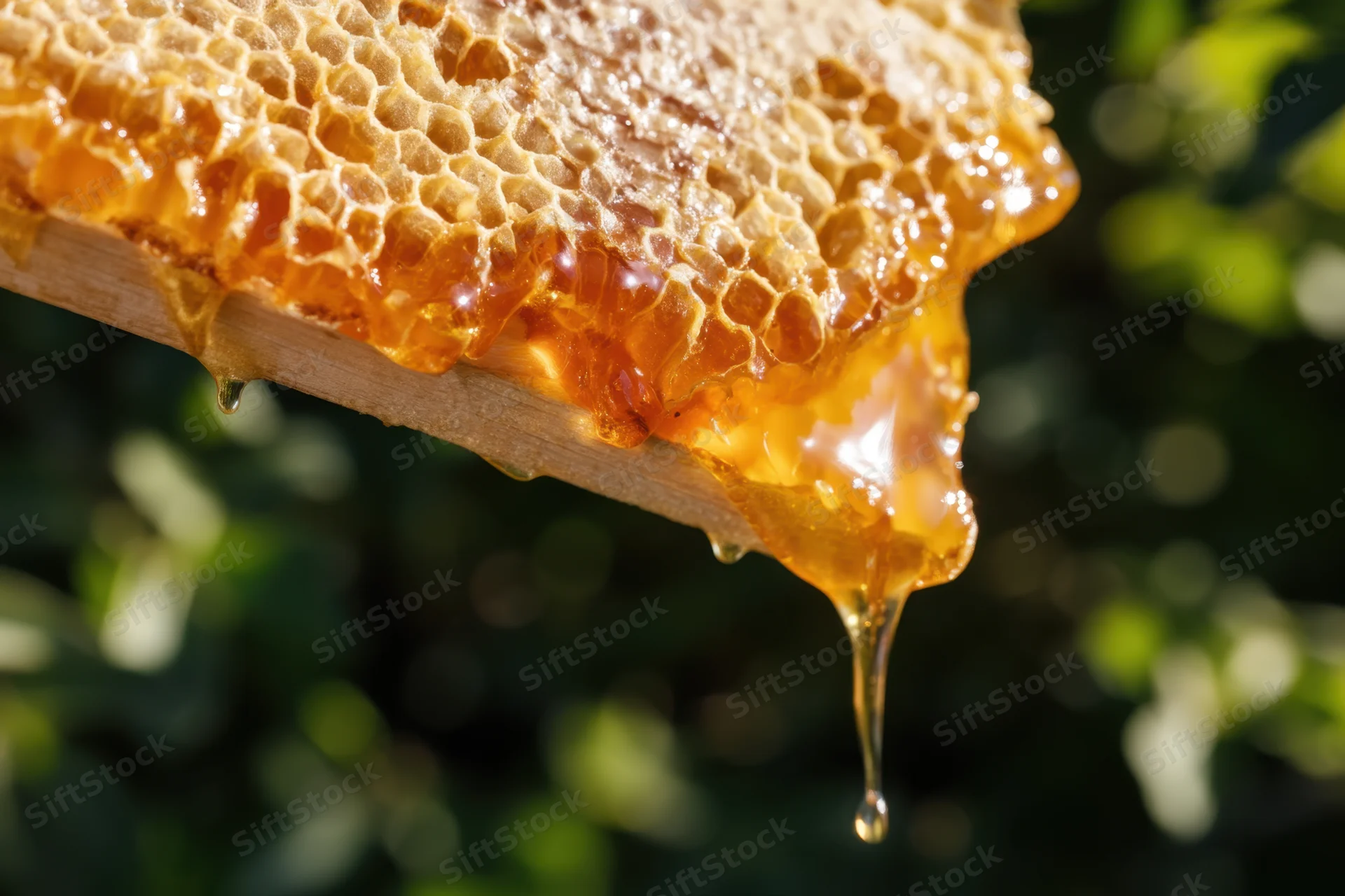 Honeycomb frame with honey dripping from it outdoors against green foliage