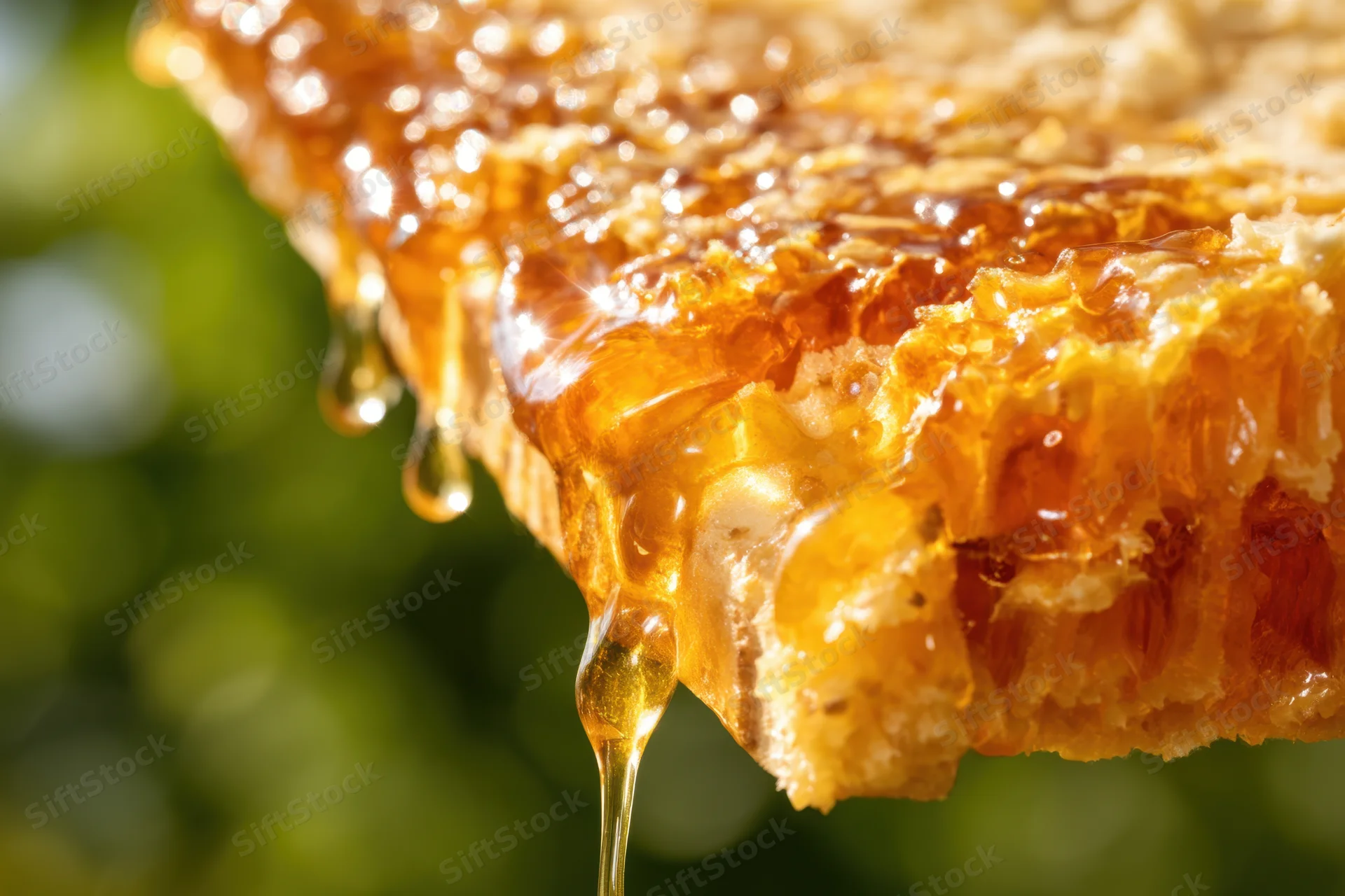 Honeycomb frame with honey dripping from its cells outdoors