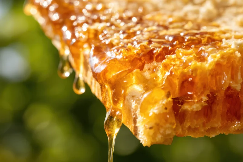 Honeycomb frame with honey dripping from its cells outdoors