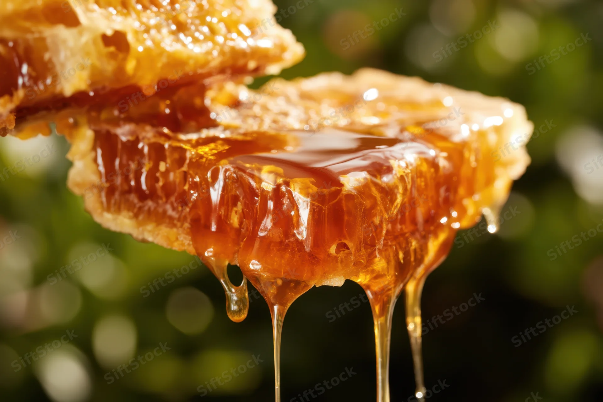Honeycomb frame with honey dripping from its cells against a blurred green background