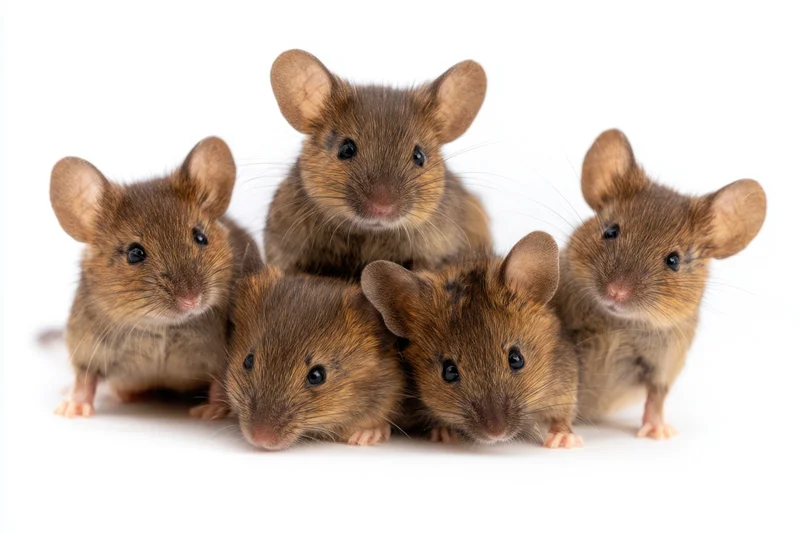 Five brown mice clustered together on a white background