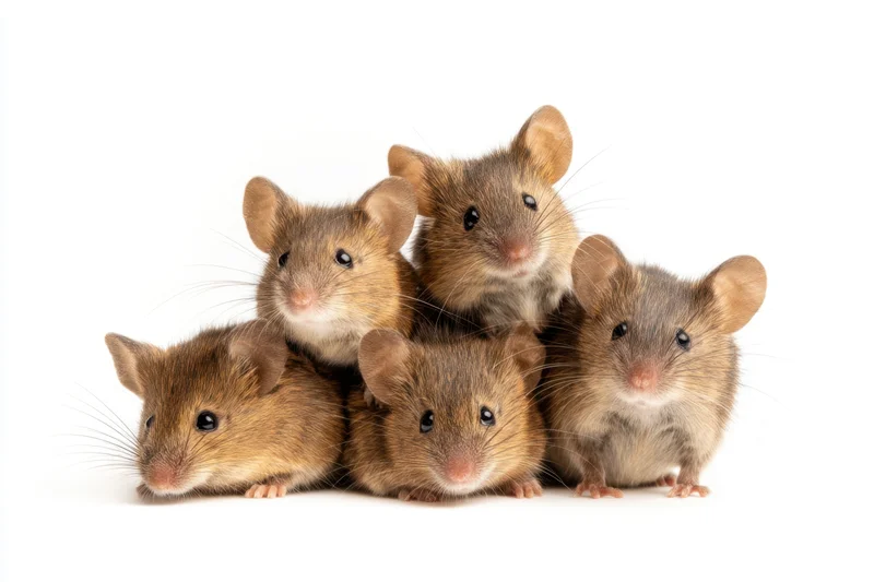 Five brown mice clustered together on a white background