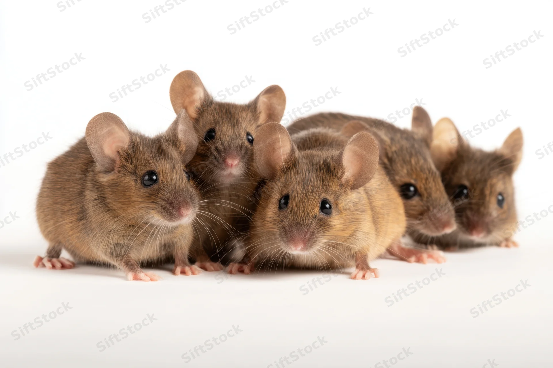Five brown mice clustered together on a white background