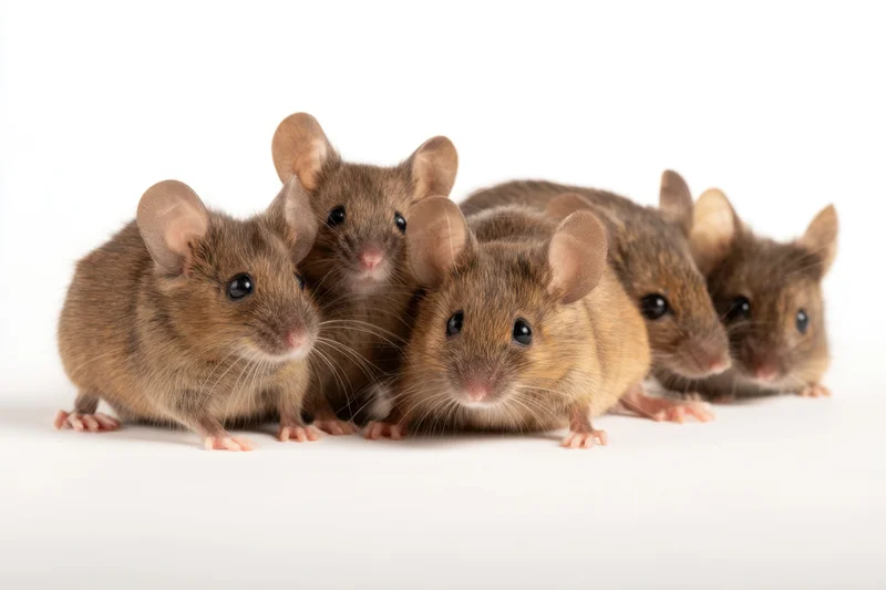 Five brown mice clustered together on a white background