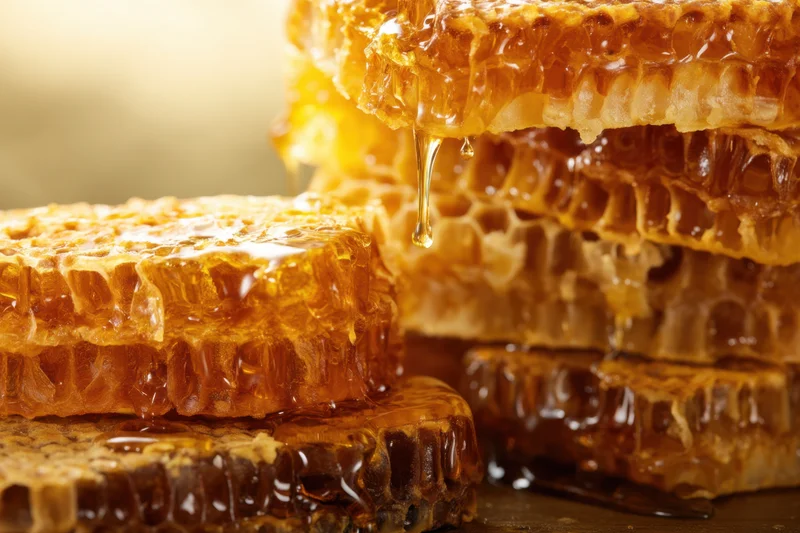 Honeycomb stacks with honey dripping from cells on a dark surface