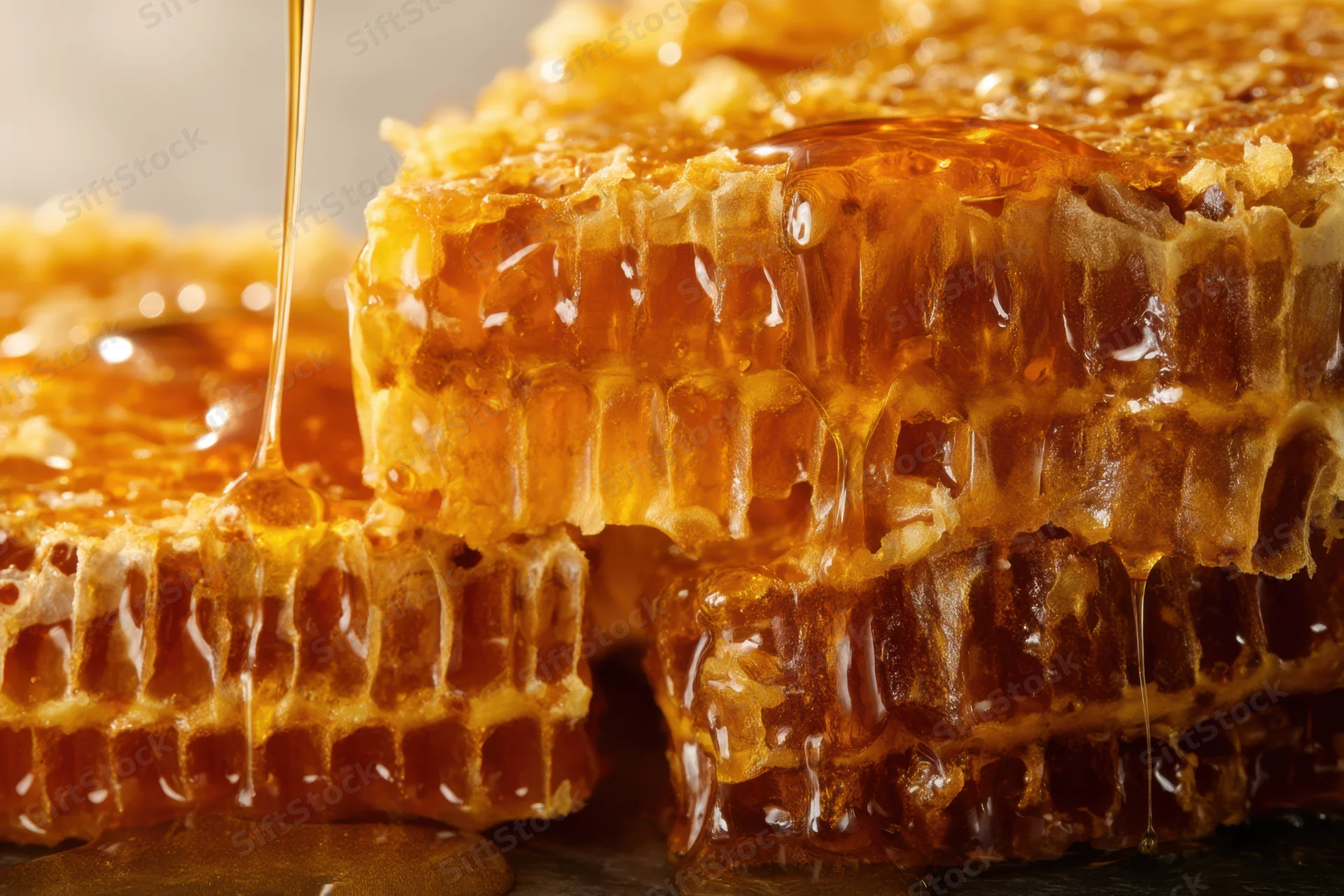 Honeycomb pieces stacked with honey dripping from above on dark surface