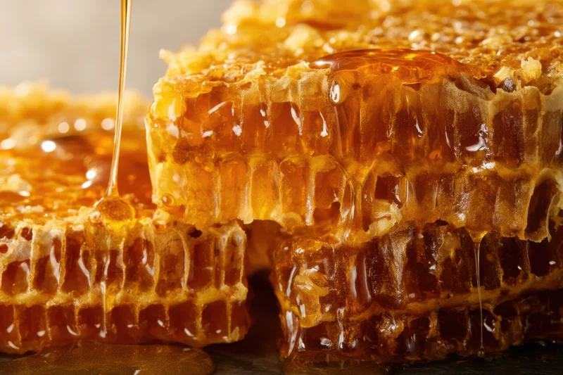 Honeycomb pieces stacked with honey dripping from above on dark surface